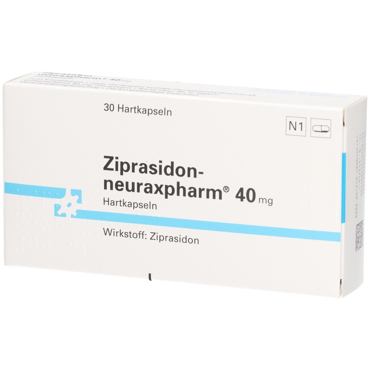 Weiße Schachtel mit blauen Akzenten. Aufdruck: ZIPRASIDON neuraxpharm 40 mg Hartkapseln. 30 Hartkapseln. Wirkstoff: Ziprasidon.