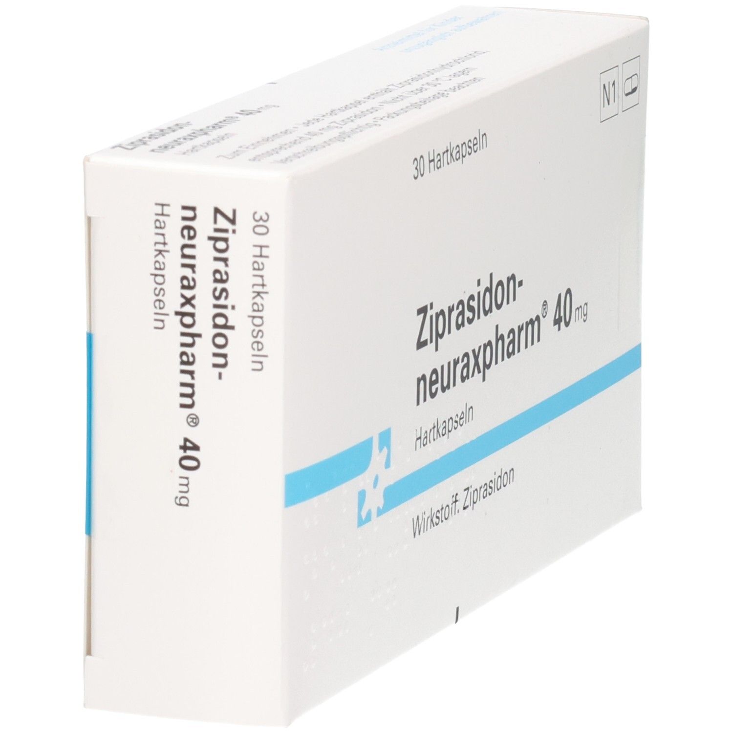 Weiße Schachtel, seitliche Ansicht. Aufdruck: ZIPRASIDON neuraxpharm 40 mg Hartkapseln. 30 Hartkapseln. Wirkstoff: Ziprasidon.