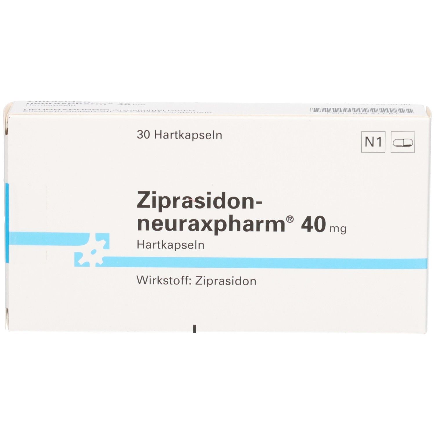 Weiße Schachtel mit blauen Akzenten. Aufdruck: ZIPRASIDON neuraxpharm 40 mg Hartkapseln. 30 Hartkapseln. Wirkstoff: Ziprasidon.