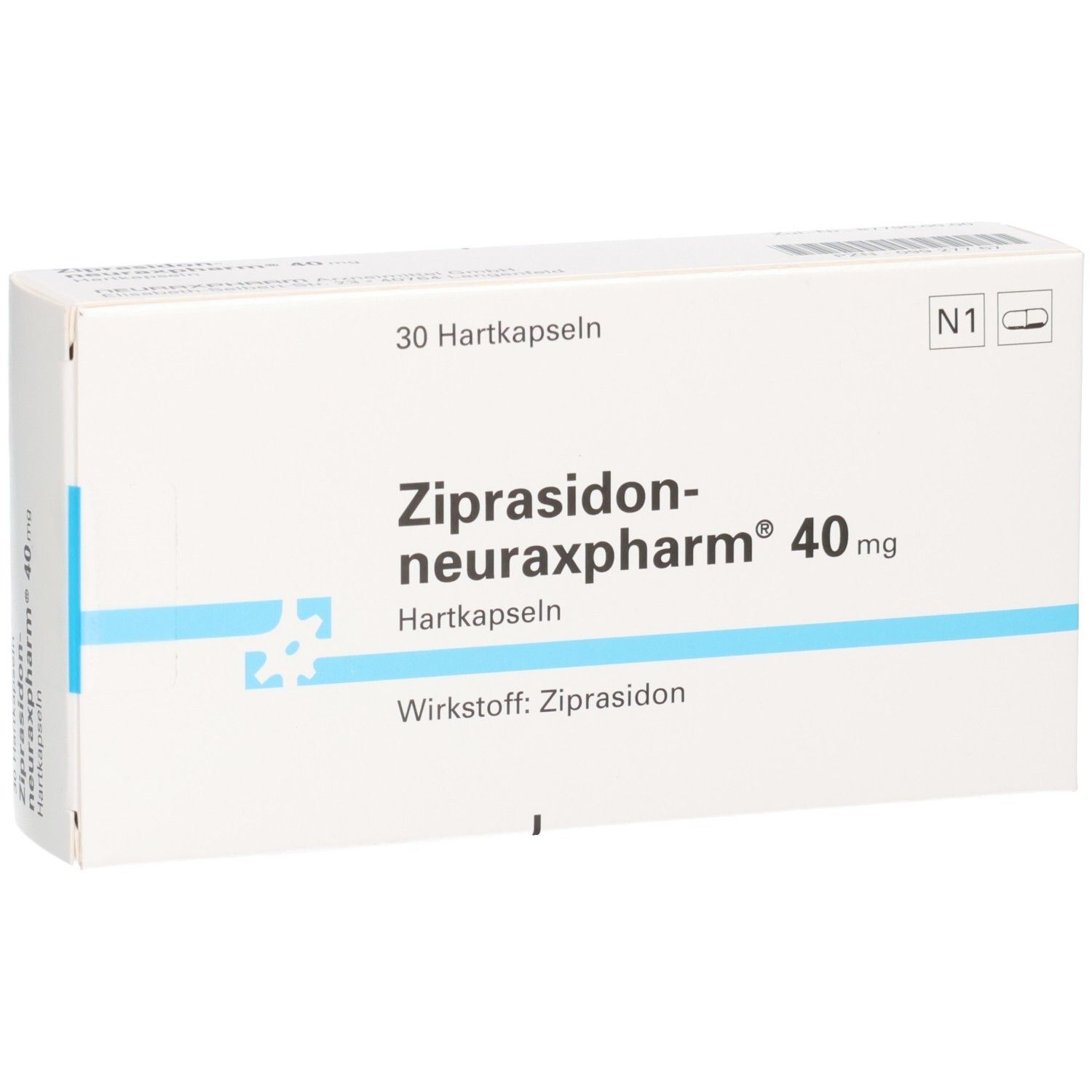 Weiße Schachtel mit blauen Akzenten. Aufdruck: ZIPRASIDON neuraxpharm 40 mg Hartkapseln. 30 Hartkapseln. Wirkstoff: Ziprasidon.