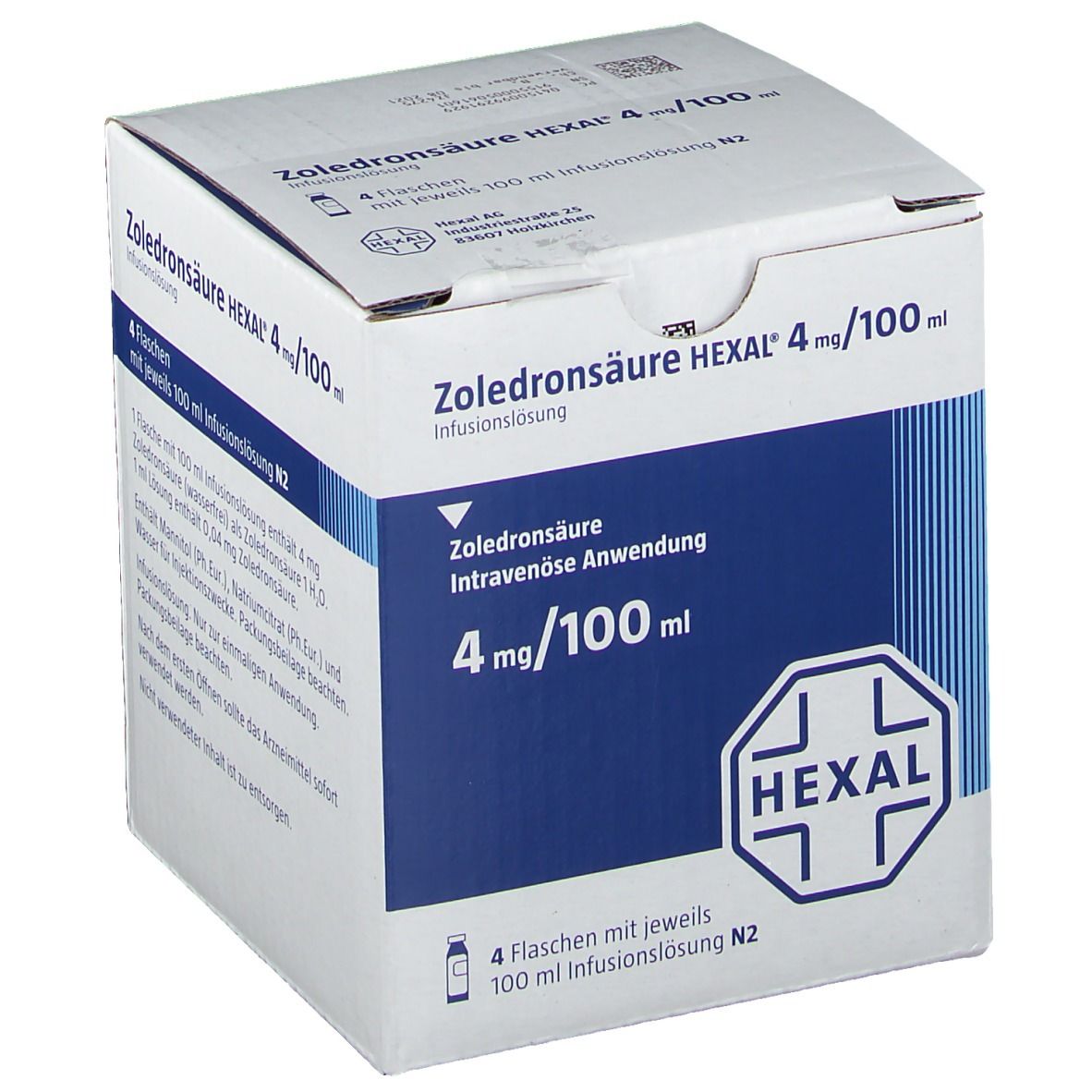 Karton mit Aufschrift Zoledronsäure HEXAL 4 mg/100 ml. Enthält 4 Flaschen. Blaue und weiße Verpackung.