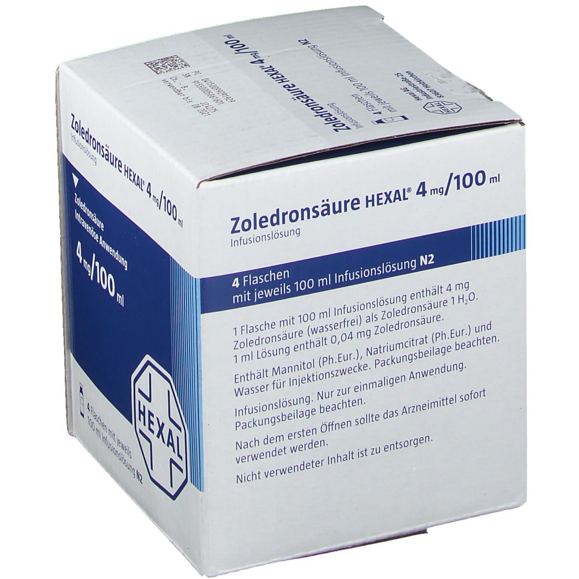 Karton mit Zoledronsäure HEXAL 4 mg/100 ml. Enthält 4 Flaschen. Text auf Deutsch.