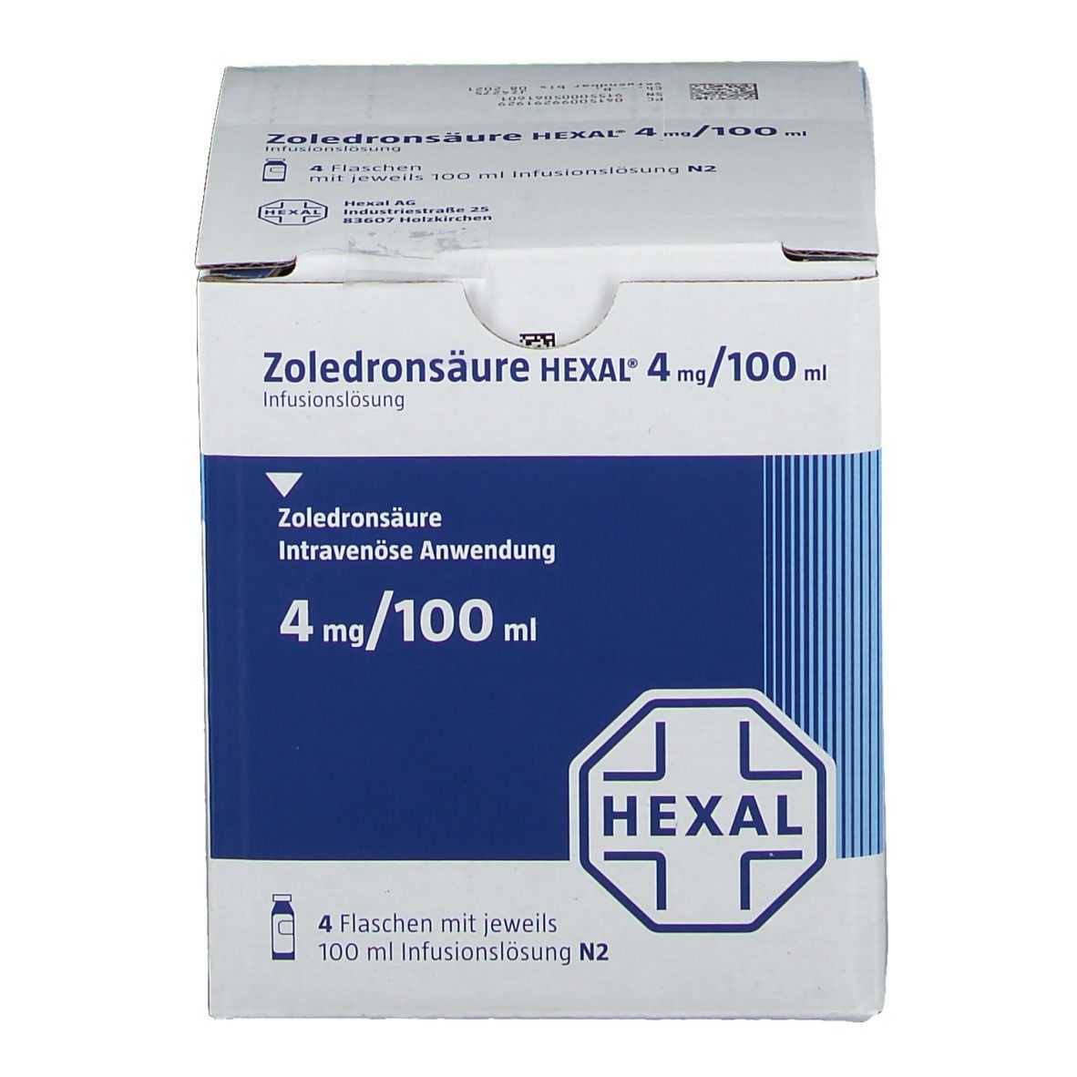 Karton mit Zoledronsäure HEXAL 4 mg/100 ml. Enthält 4 Flaschen. HEXAL-Logo.