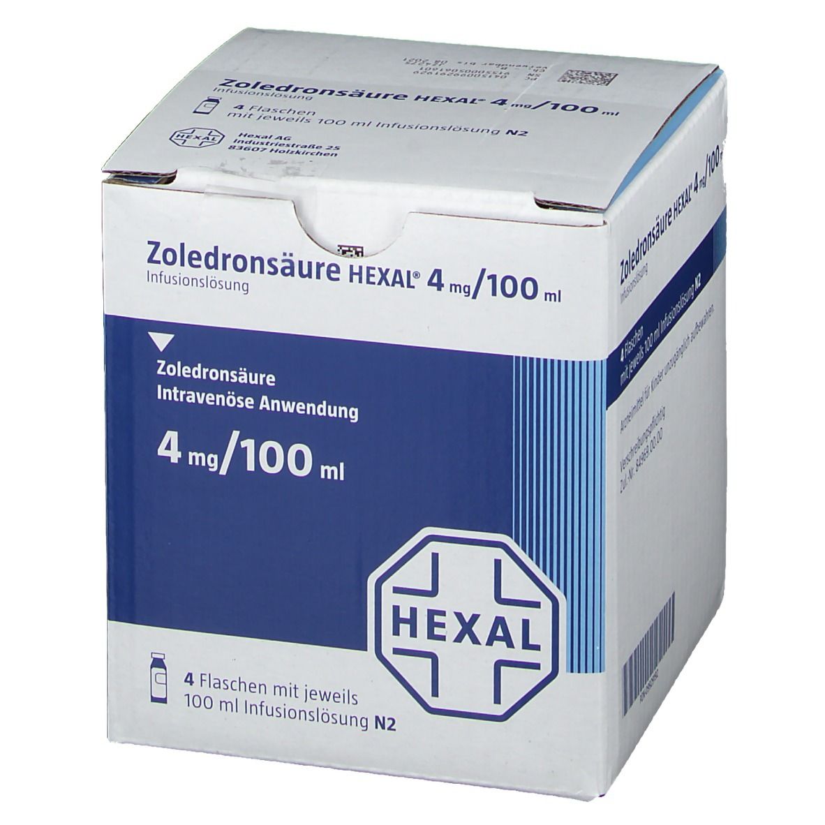 Karton mit Zoledronsäure HEXAL 4 mg/100 ml. Enthält 4 Flaschen. Blaue und weiße Verpackung.