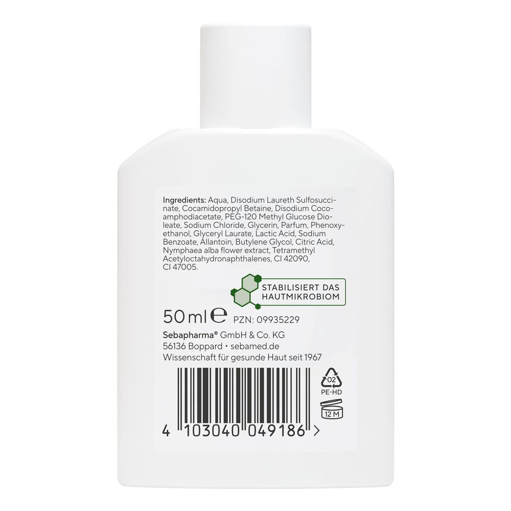 Rückseite der weißen Flasche. Enthält Inhaltsstoffe, 50ml, Barcode und Logo. Text: Stabilisiert das Hautmikrobiom.