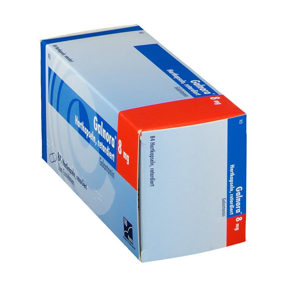 Schachtel GALNORA 8 mg Hartkapseln retardiert. Blaue, weiße und rote Farben. 84 Kapseln. Galantamin. Perspektivische Ansicht.