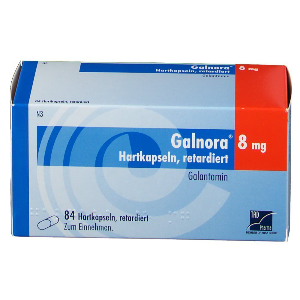 Schachtel GALNORA 8 mg Hartkapseln retardiert. Blaue, weiße und rote Farben. 84 Kapseln. Galantamin. Kapsel-Illustration.