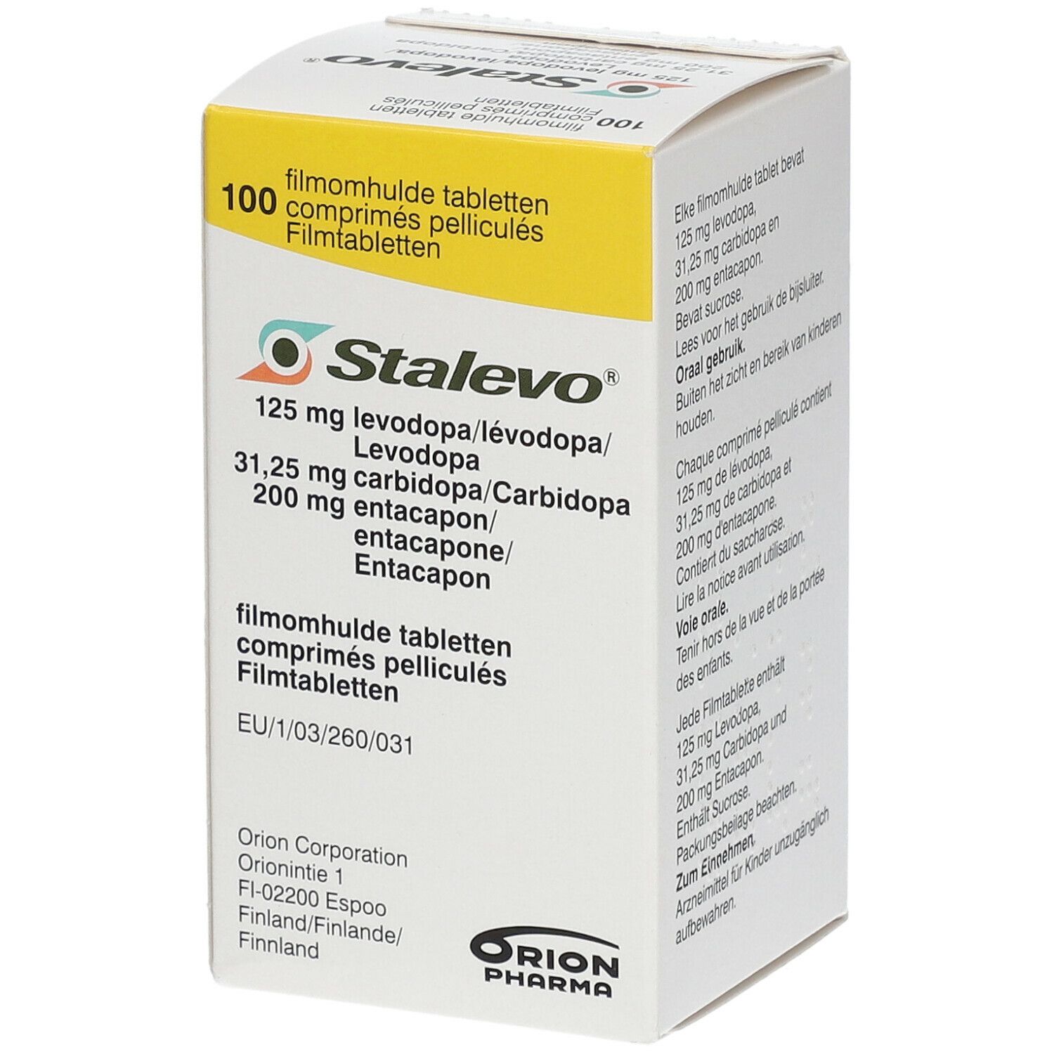 Stalevo® 125 mg/31,25 mg/200 mg Tabletten-Packung. Enthält 100 Filmtabletten. Orion Pharma Logo.