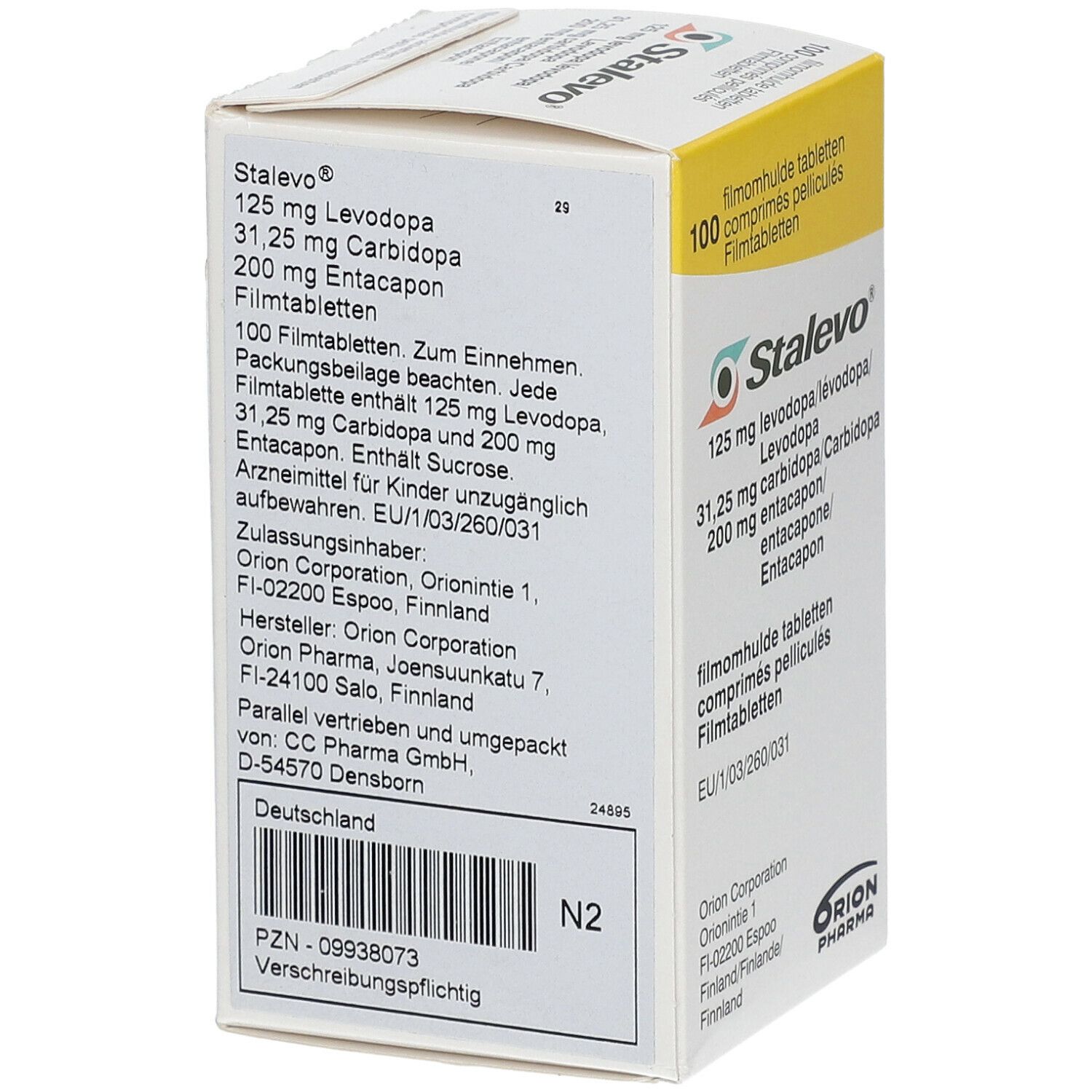 Stalevo® Packung mit 100 Filmtabletten. Enthält 125 mg Levodopa, 31,25 mg Carbidopa, 200 mg Entacapon. Orion Pharma.