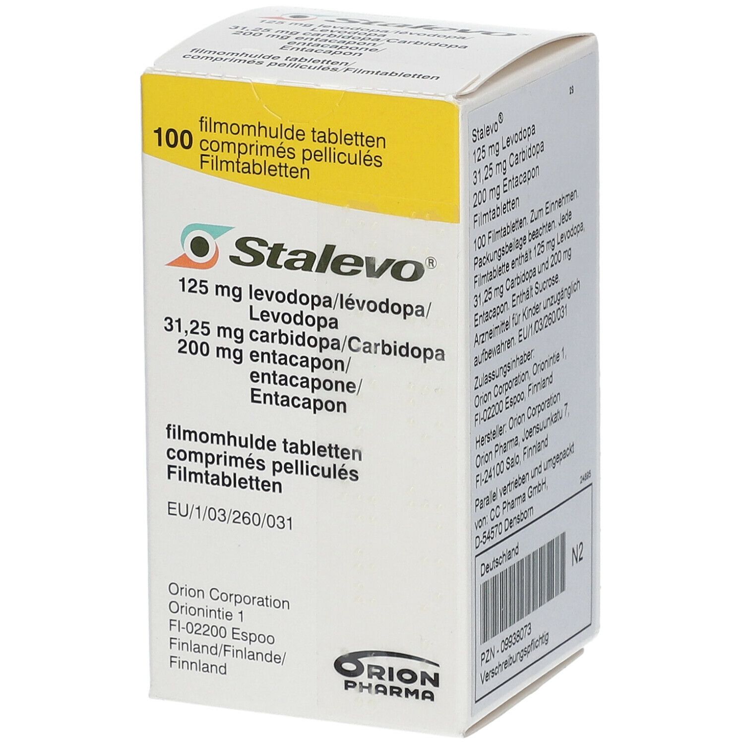 Stalevo® Tabletten-Packung. Enthält 100 Filmtabletten. 125 mg Levodopa, 31,25 mg Carbidopa, 200 mg Entacapon. Orion Pharma.