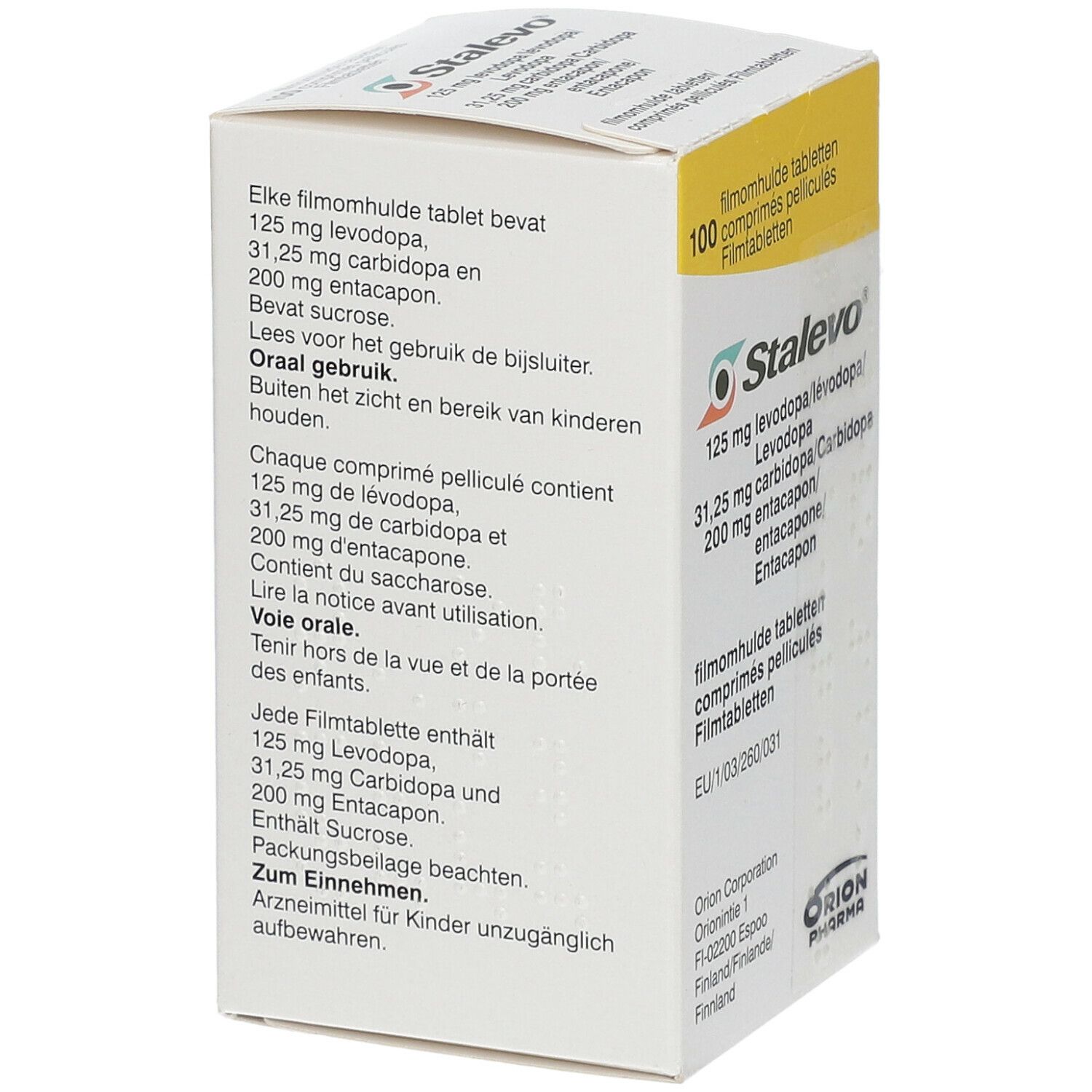 Stalevo® Packung mit 100 Filmtabletten. Enthält 125 mg Levodopa, 31,25 mg Carbidopa, 200 mg Entacapon. Orion Pharma.