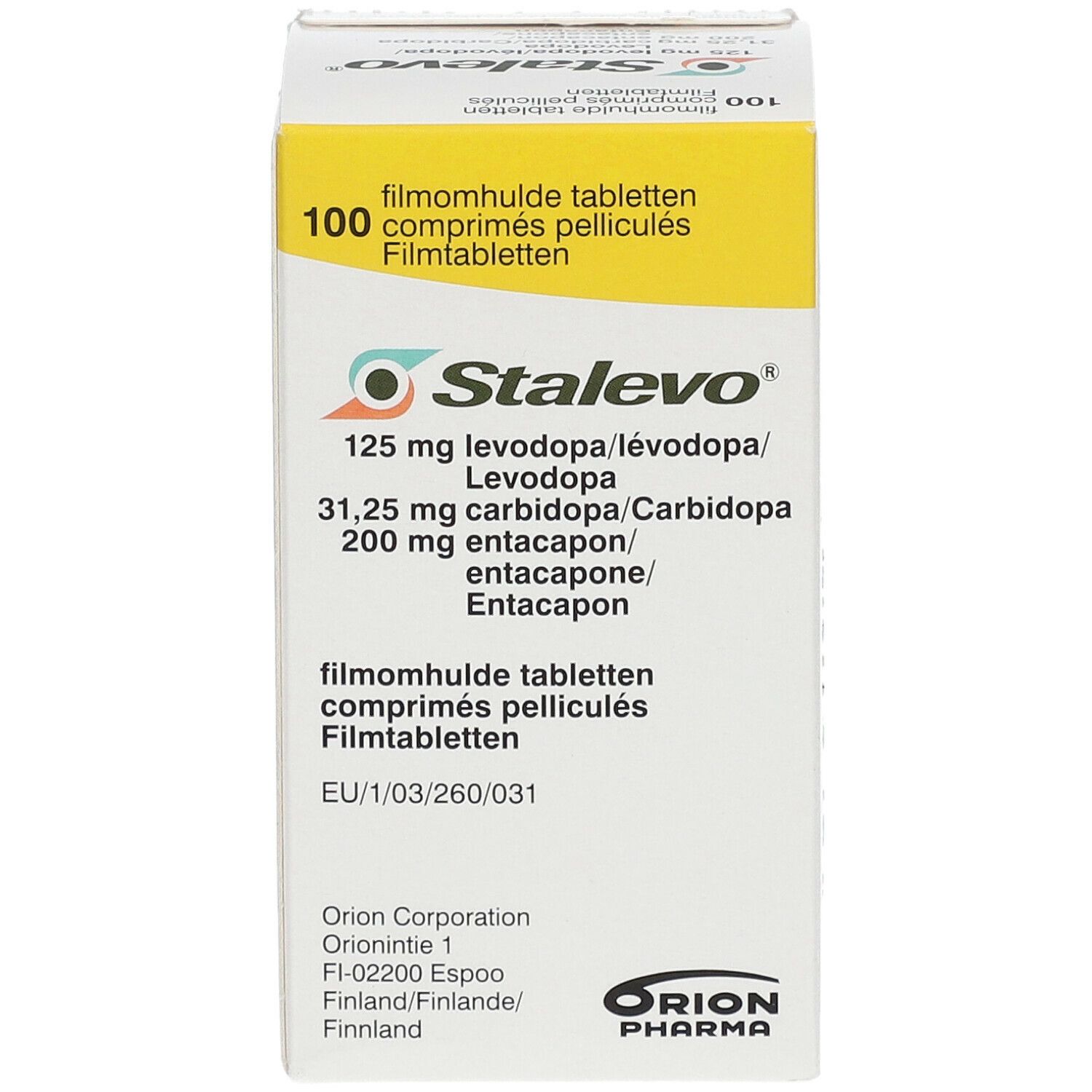 Stalevo® Tabletten-Packung. Enthält 100 Filmtabletten. 125 mg Levodopa, 31,25 mg Carbidopa, 200 mg Entacapon. Orion Pharma.