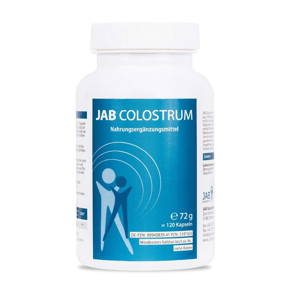 Weiße Flasche mit Kapseln. Aufschrift: JAB Colostrum, Nahrungsergänzungsmittel. 120 Kapseln.