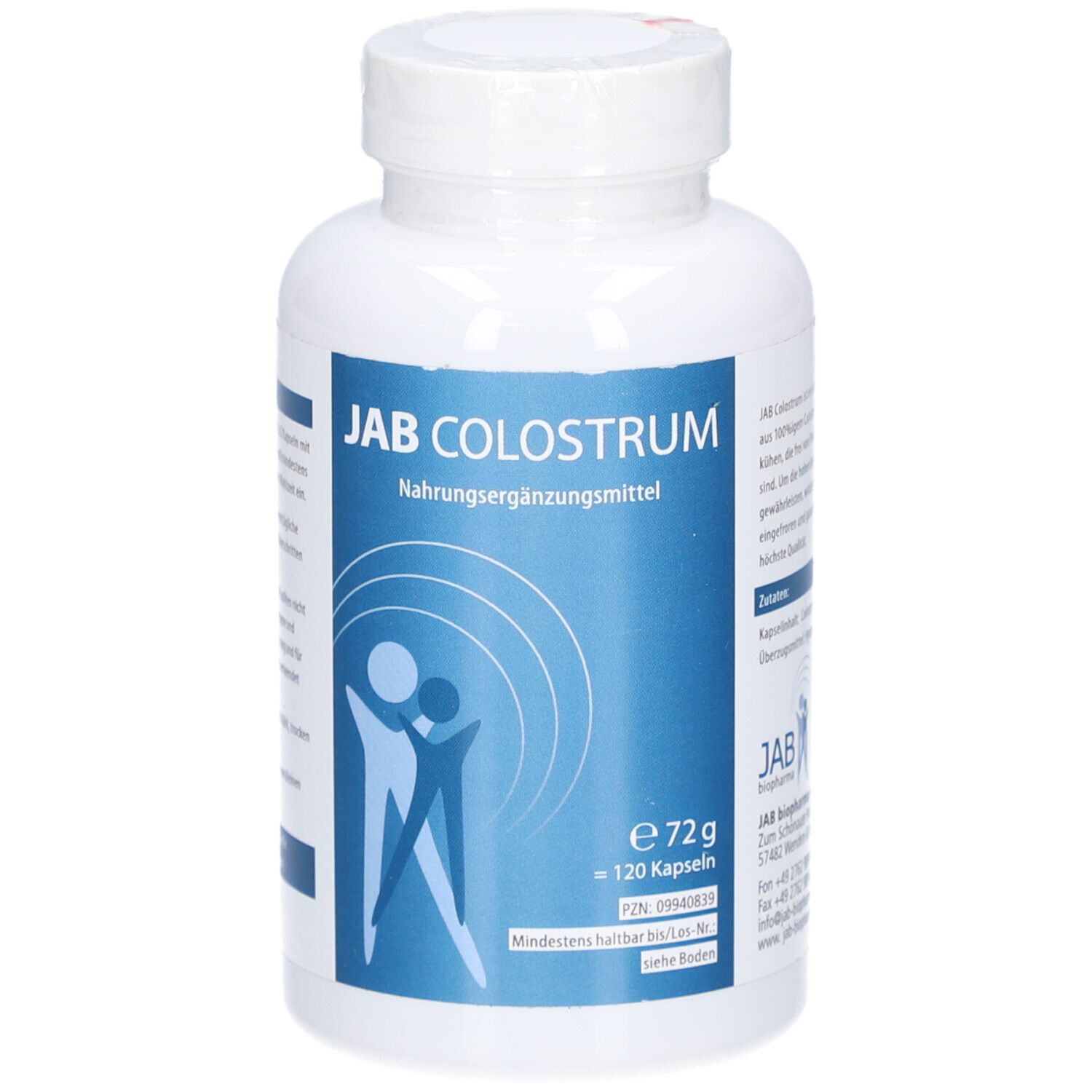 Weiße Flasche mit blauem Etikett. Aufschrift: JAB Colostrum, Nahrungsergänzungsmittel. Enthält 120 Kapseln.