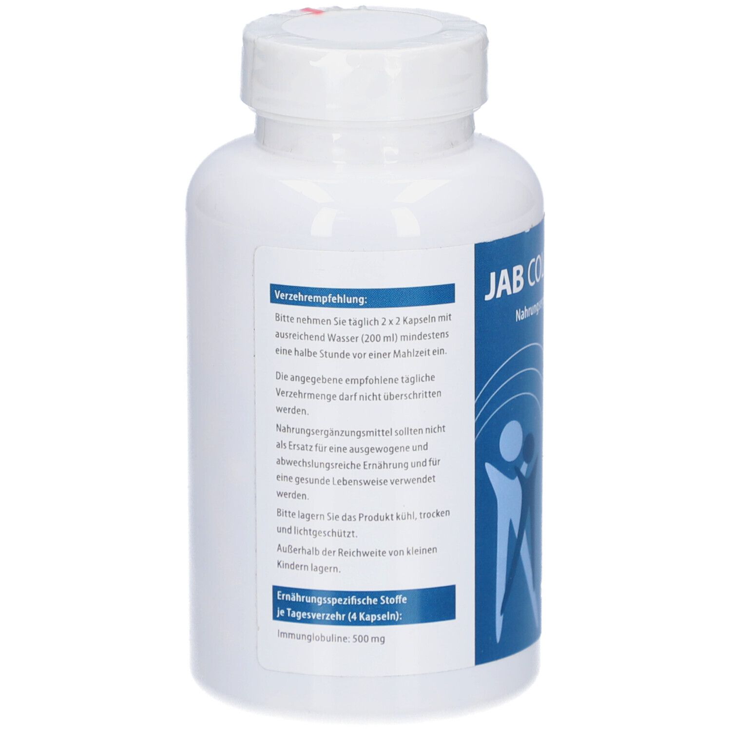 Rückseite einer weißen Flasche. Text: Verzehrempfehlung, Nährwertangaben. JAB Colostrum, Nahrungsergänzungsmittel.