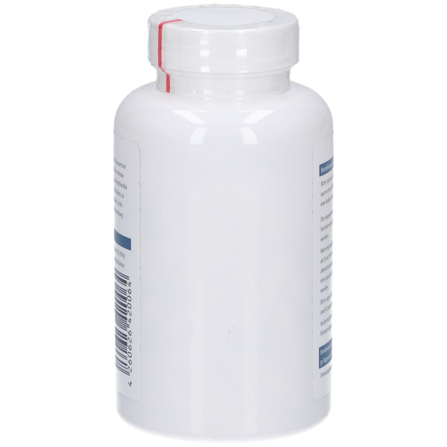 Weiße Flasche, Seitenansicht. Roter Streifen am Deckel. Text auf der Flasche.