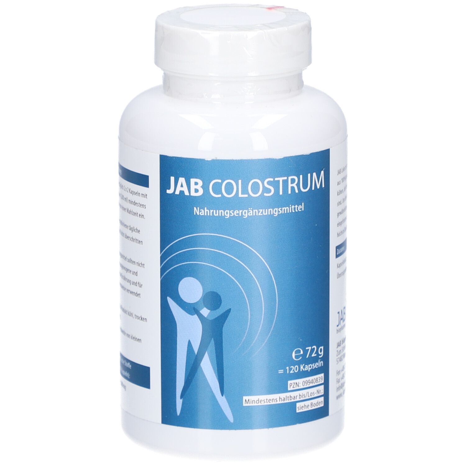 Weiße Flasche mit blauem Etikett. Aufschrift: JAB Colostrum, Nahrungsergänzungsmittel. Enthält 120 Kapseln.