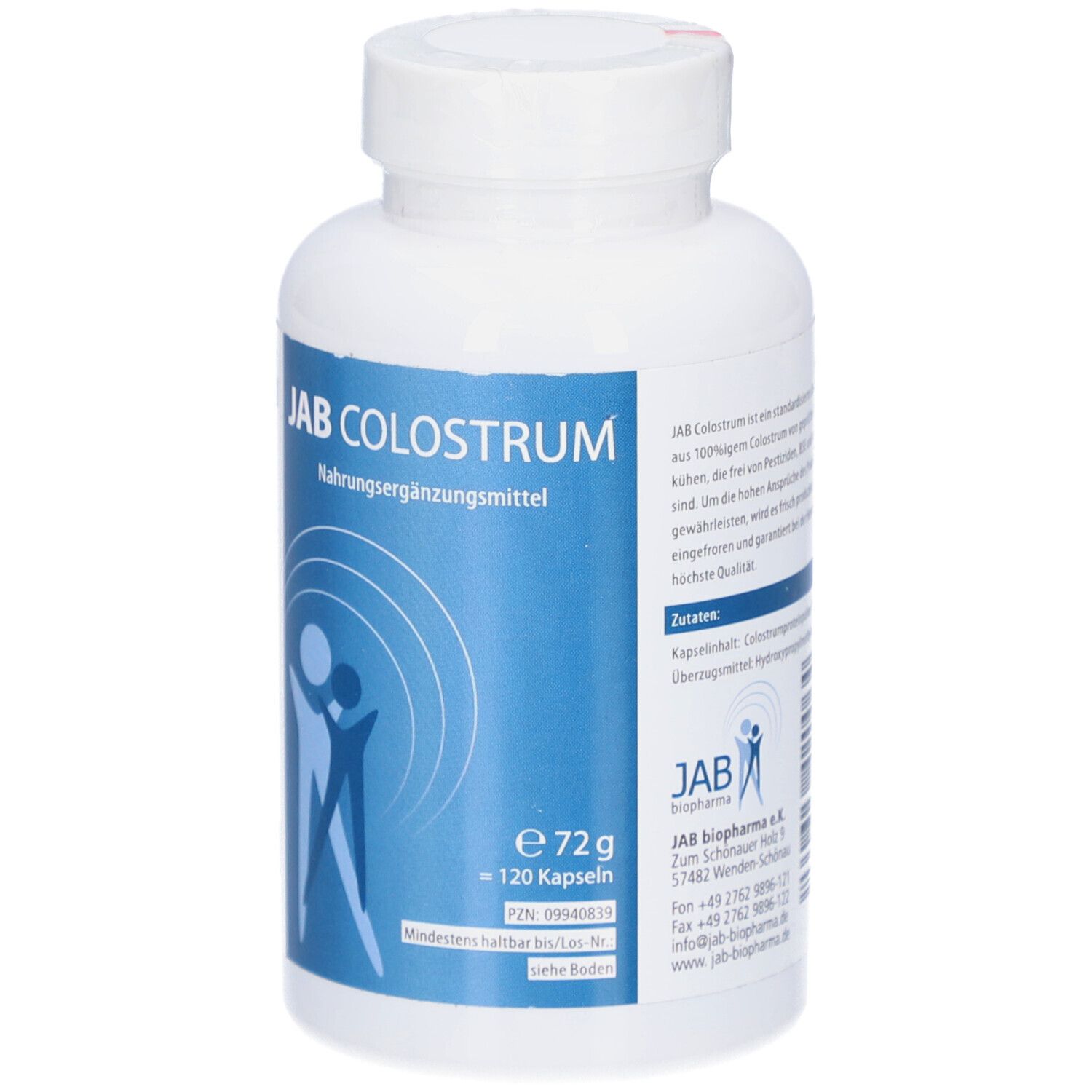 Weiße Flasche mit blauem Etikett. Aufschrift: JAB Colostrum, Nahrungsergänzungsmittel. Enthält 120 Kapseln.
