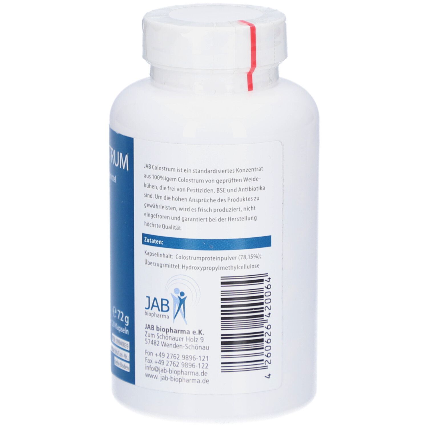 Rückseite einer weißen Flasche. Text: Inhaltsstoffe, Herstellerinformationen. JAB Colostrum, Nahrungsergänzungsmittel.