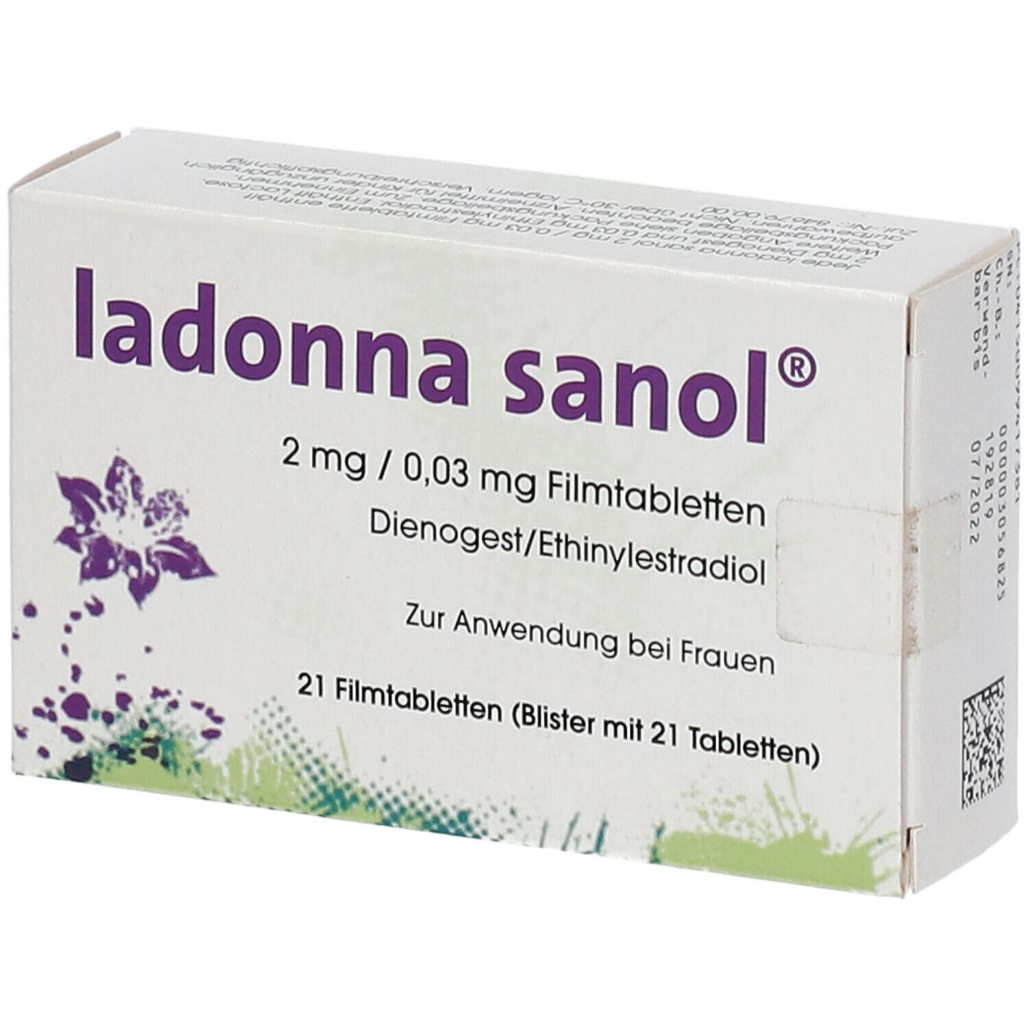 Schachtel mit ladonna sanol®. Aufschrift: 2 mg / 0,03 mg Filmtabletten, Dienogest/Ethinylestradiol. 21 Filmtabletten. Lila Blumenmotiv.