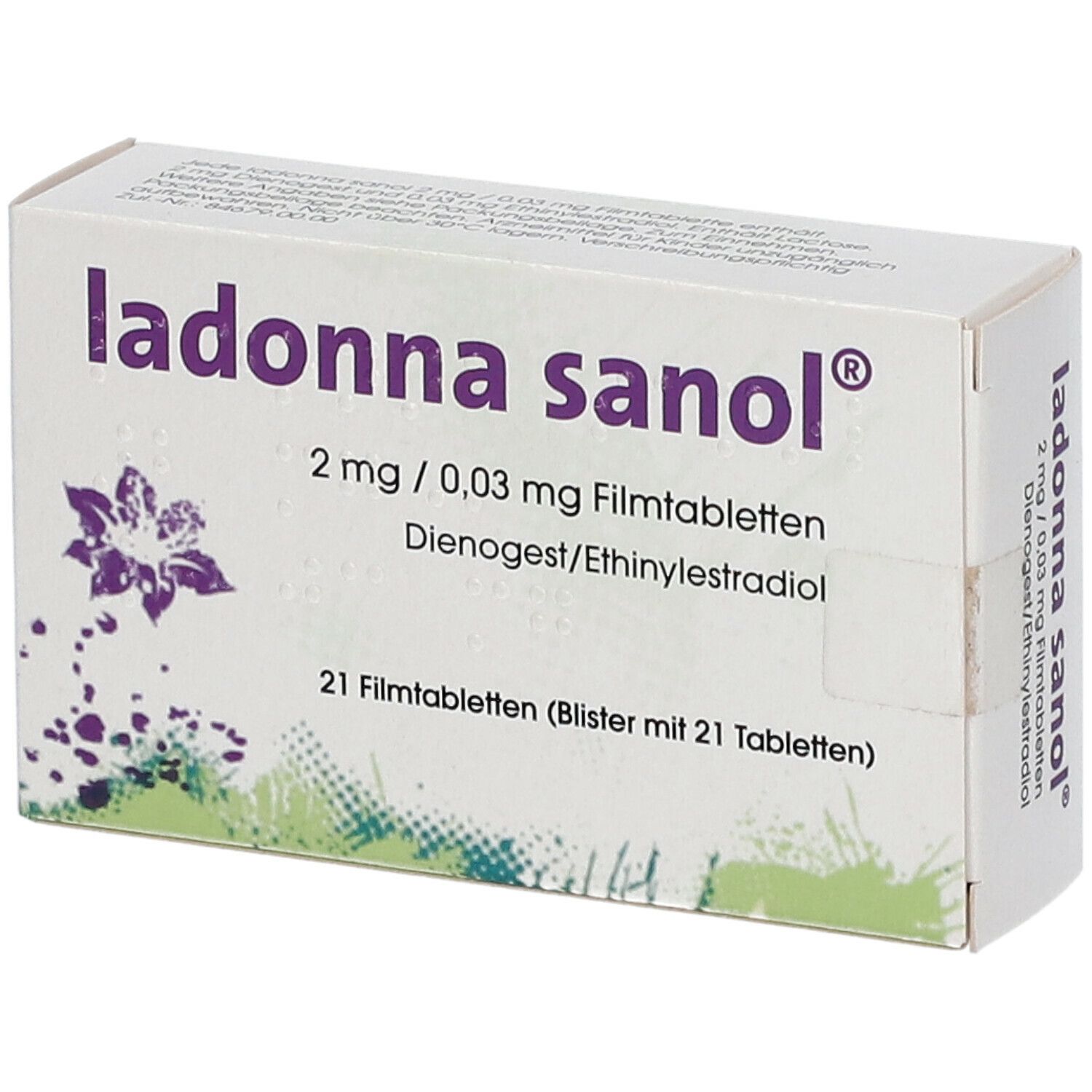 Schachtel mit ladonna sanol®. Aufschrift: 2 mg / 0,03 mg Filmtabletten, Dienogest/Ethinylestradiol. 21 Filmtabletten. Lila Blumenmotiv.