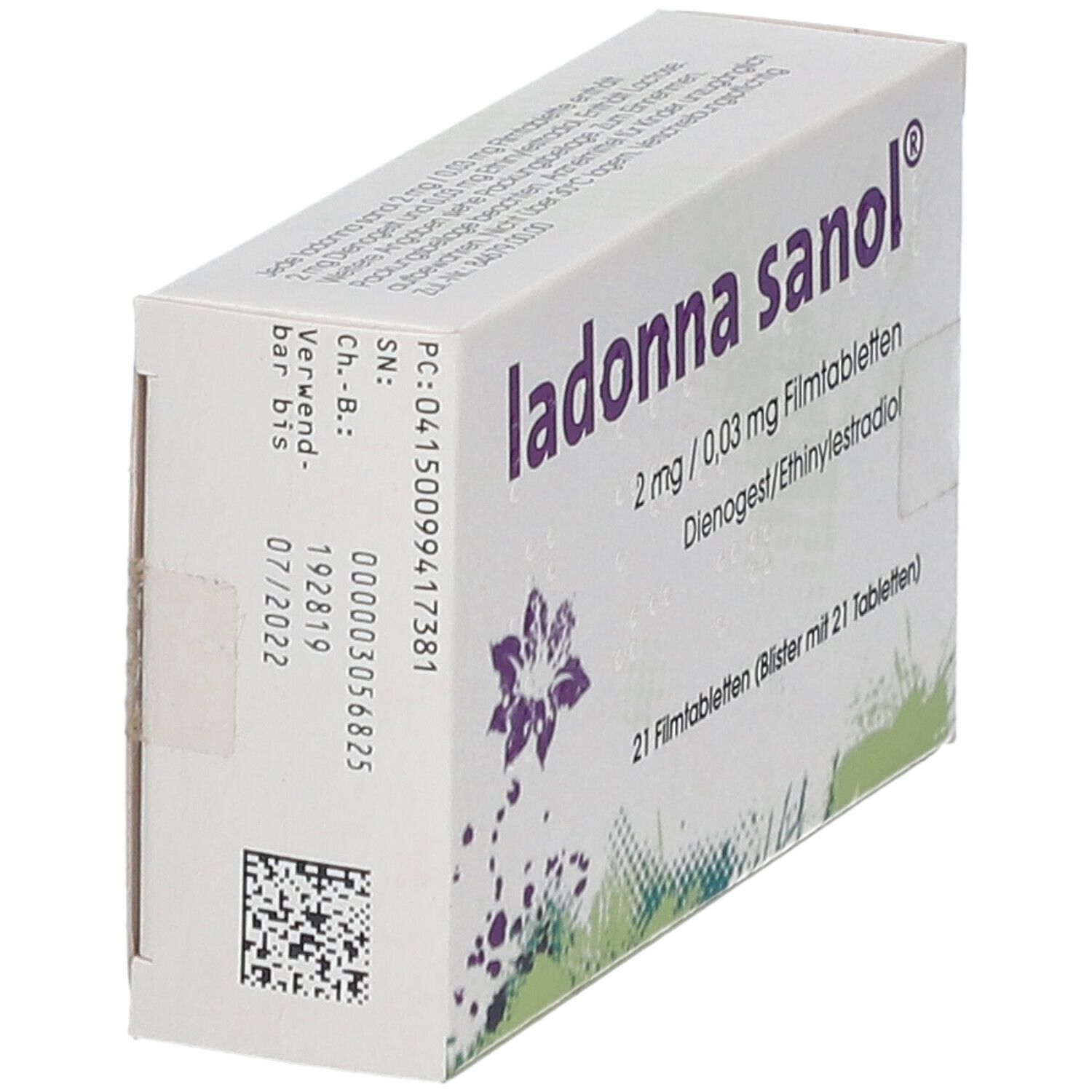 Schachtel mit ladonna sanol®. Aufschrift: 2 mg / 0,03 mg Filmtabletten, Dienogest/Ethinylestradiol. 21 Filmtabletten. Lila Blumenmotiv. Seitenansicht.