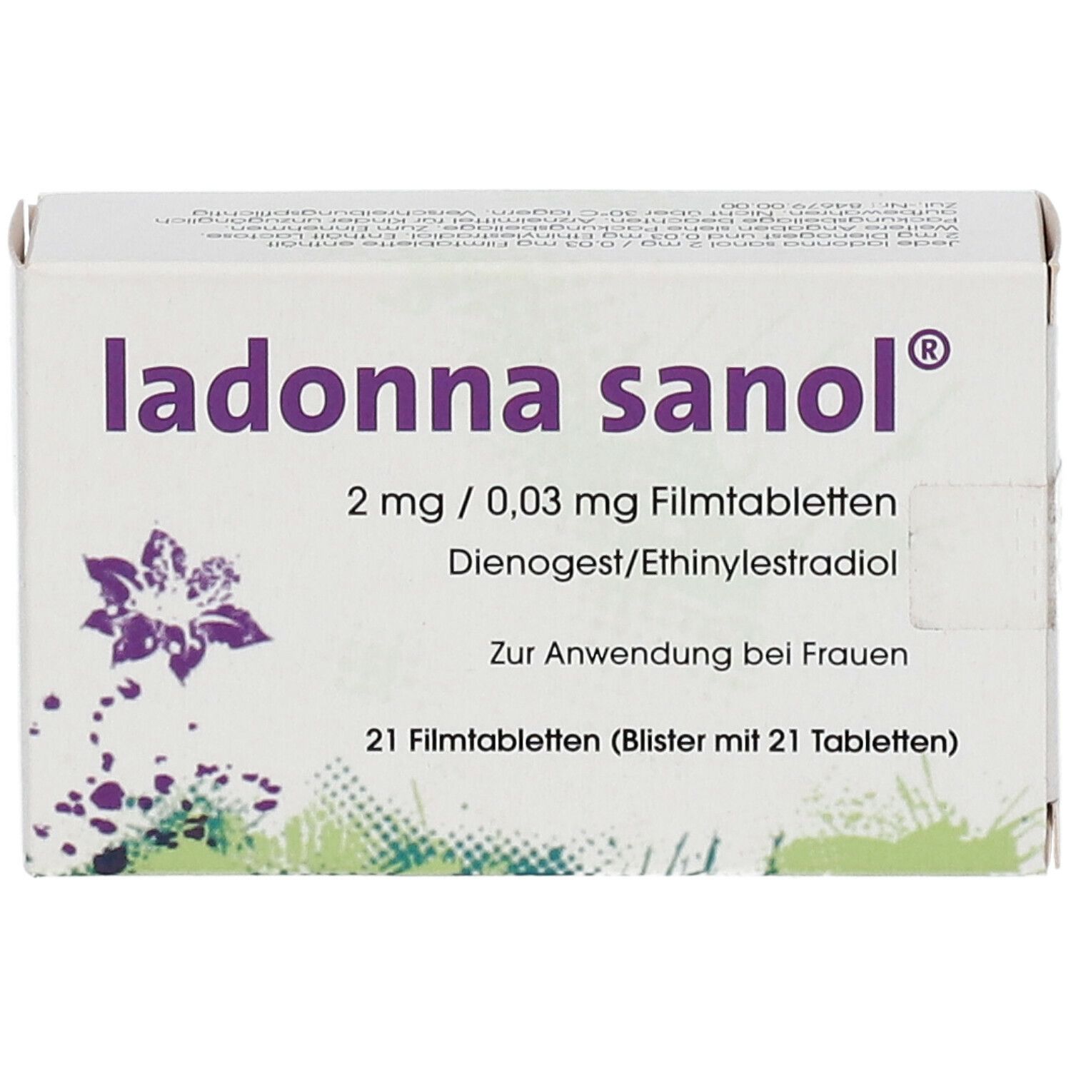 Schachtel mit ladonna sanol®. Aufschrift: 2 mg / 0,03 mg Filmtabletten, Dienogest/Ethinylestradiol. 21 Filmtabletten. Lila Blumenmotiv.
