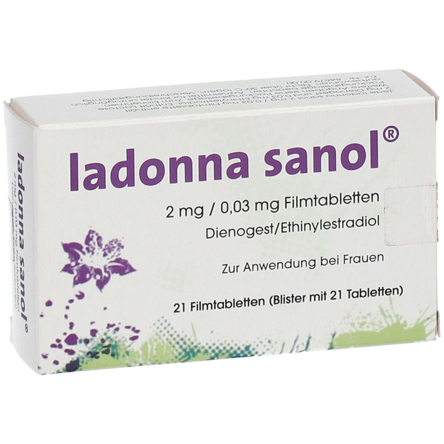 Schachtel mit ladonna sanol®. Aufschrift: 2 mg / 0,03 mg Filmtabletten, Dienogest/Ethinylestradiol. 21 Filmtabletten. Lila Blumenmotiv.