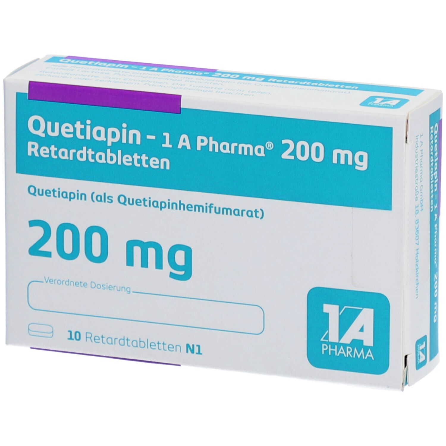 Schachtel QUETIAPIN-1 A Pharma 200 mg Retardtabletten. Türkis, weiß, lila. Text: 200 mg, 10 Retardtabletten. Logo: 1A Pharma.