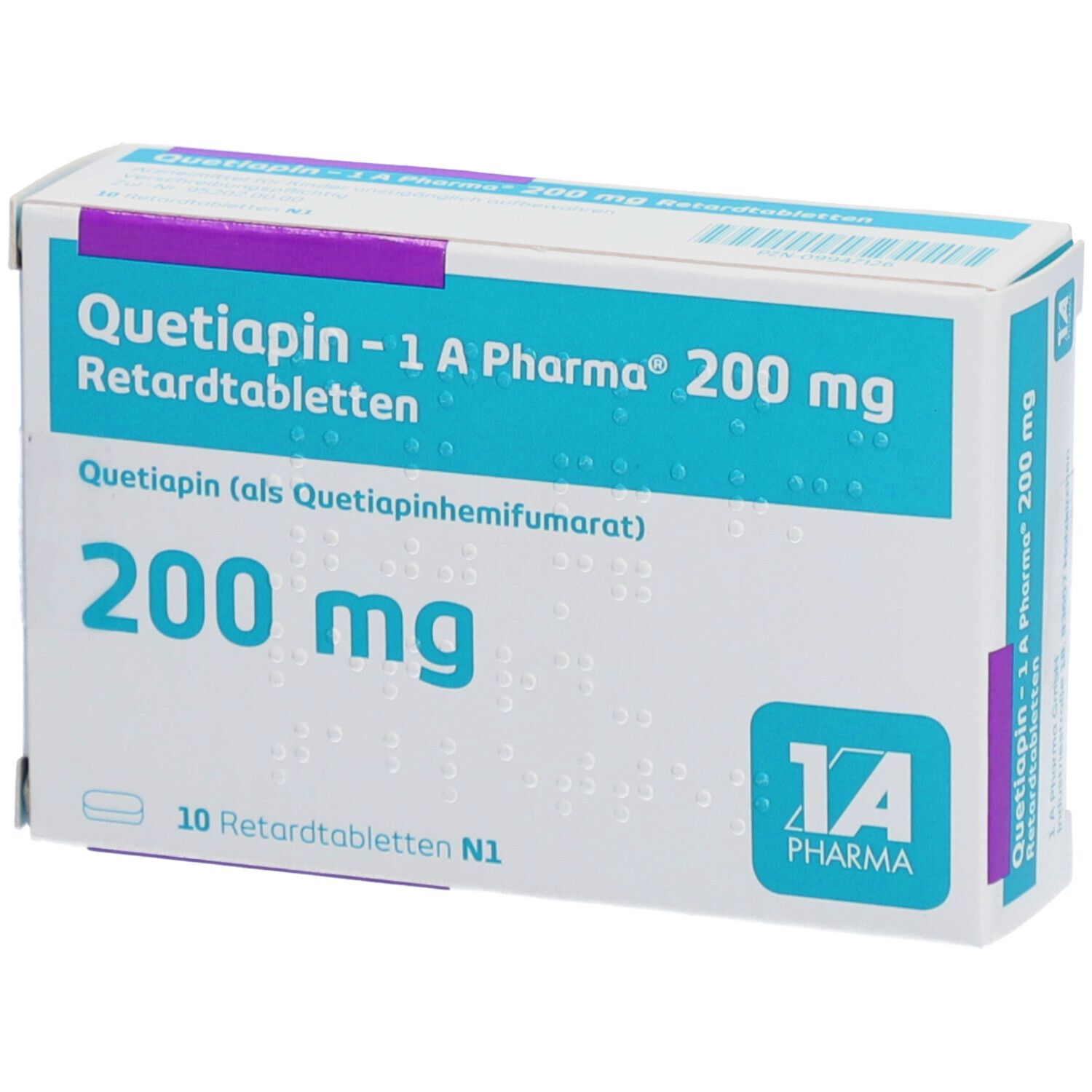 Schachtel QUETIAPIN-1 A Pharma 200 mg Retardtabletten. Türkis, weiß, lila. Text: 200 mg, 10 Retardtabletten. Logo: 1A Pharma. Braille-Schrift.
