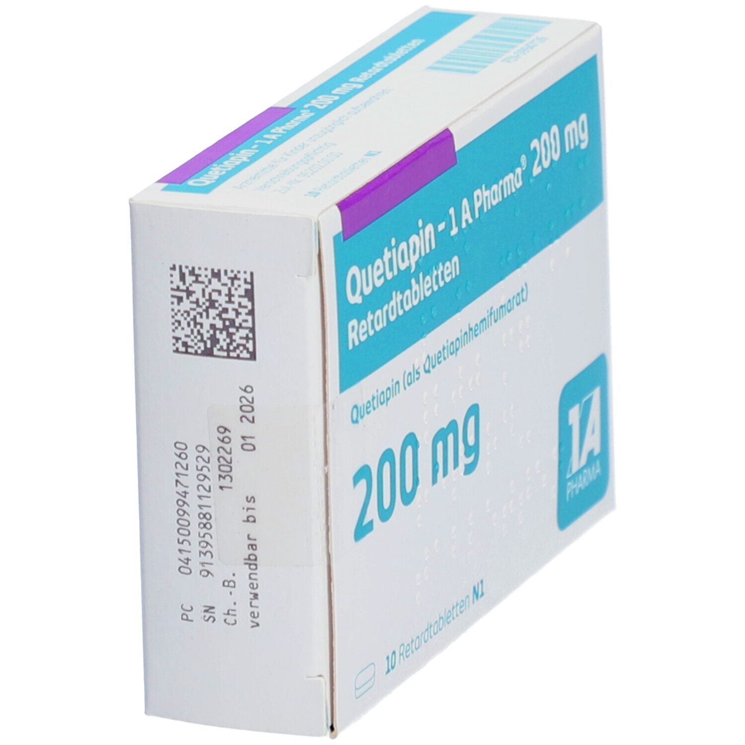 Schachtel QUETIAPIN-1 A Pharma 200 mg Retardtabletten. Seitenansicht. Türkis, weiß, lila. Text: 200 mg, Haltbarkeitsdatum. Logo: 1A Pharma. Braille.