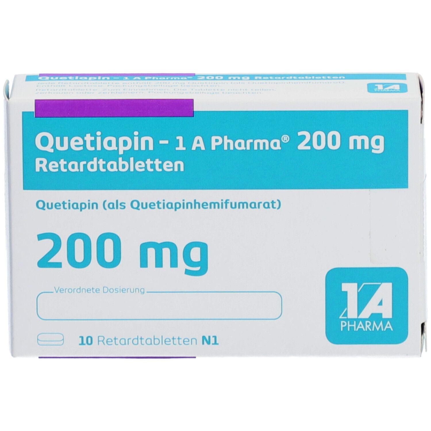 Schachtel QUETIAPIN-1 A Pharma 200 mg Retardtabletten. Türkis, weiß, lila. Text: 200 mg, 10 Retardtabletten. Logo: 1A Pharma.