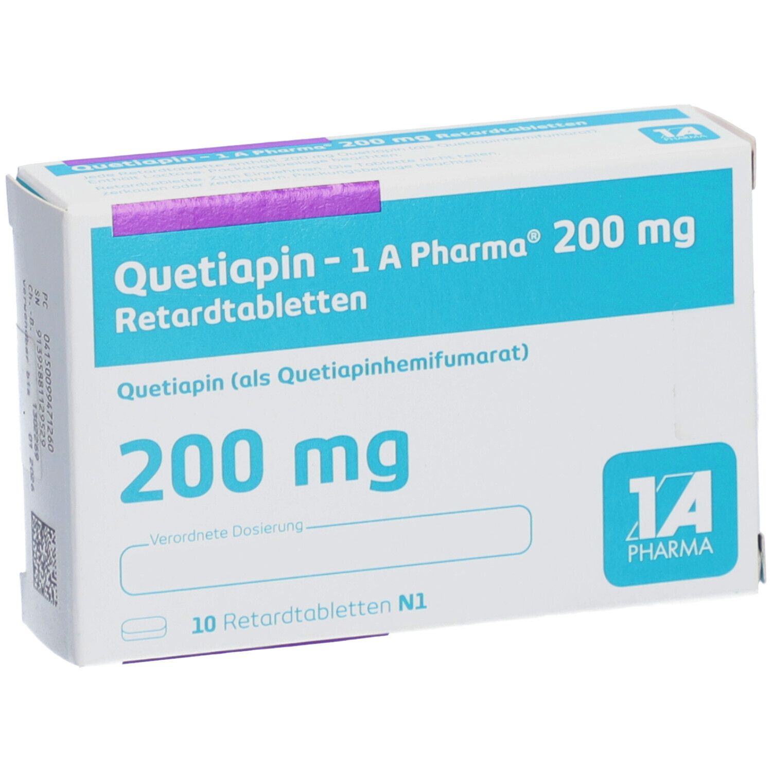 Schachtel QUETIAPIN-1 A Pharma 200 mg Retardtabletten. Türkis, weiß, lila. Text: 200 mg, 10 Retardtabletten. Logo: 1A Pharma.