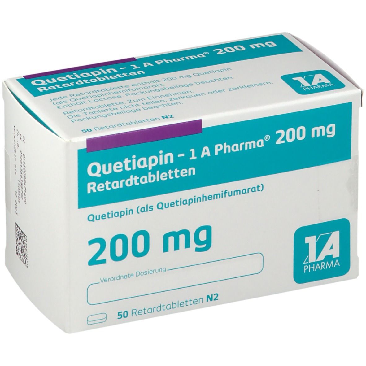 Schachtel QUETIAPIN - 1 A Pharma 200 mg Retardtabletten. Aufschrift: 200 mg, 50 Retardtabletten. Logo 1A Pharma. Nahaufnahme.