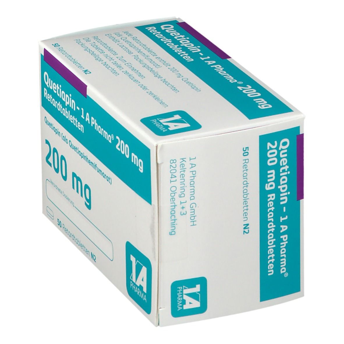 Schachtel QUETIAPIN - 1 A Pharma 200 mg Retardtabletten. Aufschrift: 200 mg, 50 Retardtabletten. Logo 1A Pharma. Perspektivische Ansicht.