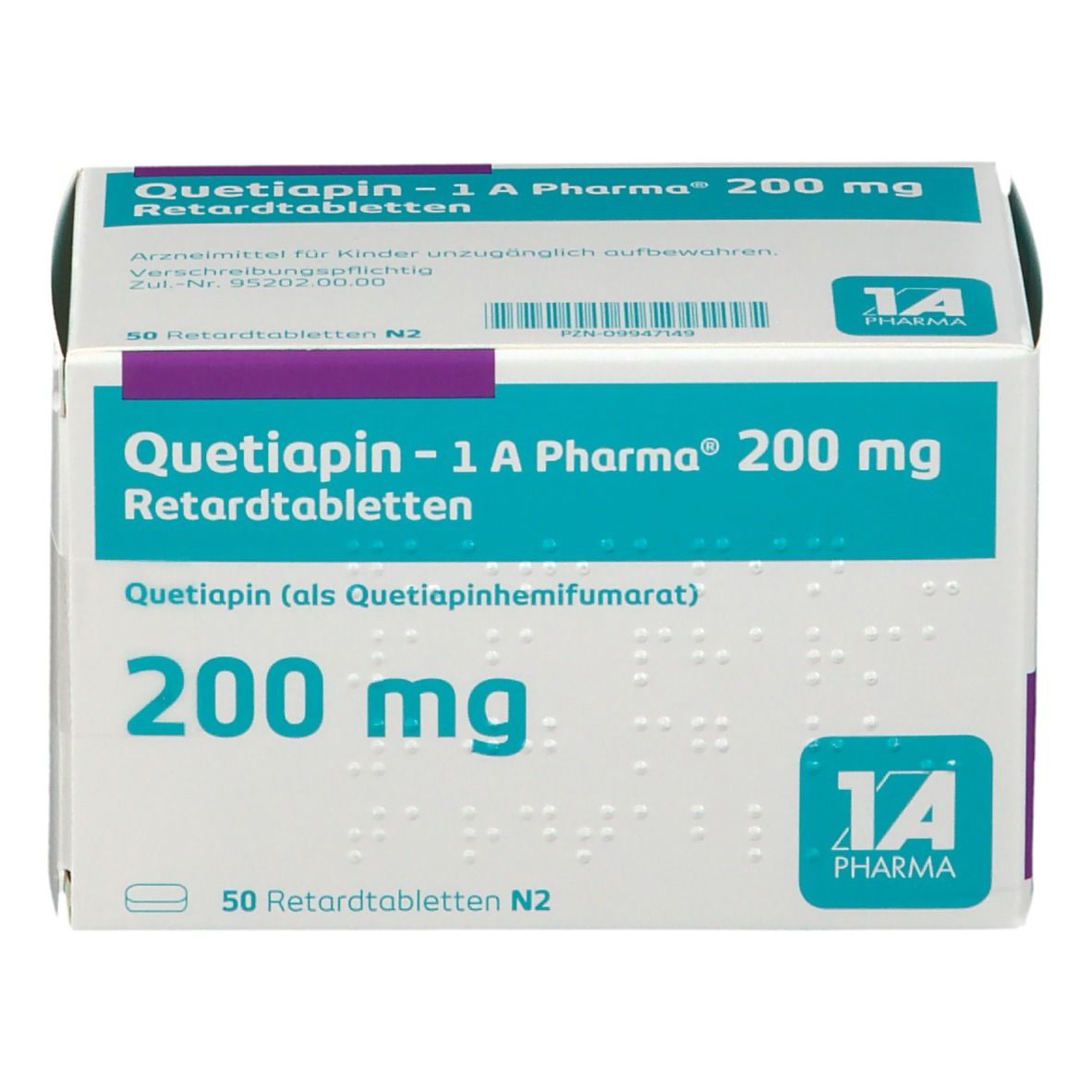 Schachtel QUETIAPIN - 1 A Pharma 200 mg Retardtabletten. Aufschrift: 200 mg, 50 Retardtabletten. Logo 1A Pharma.