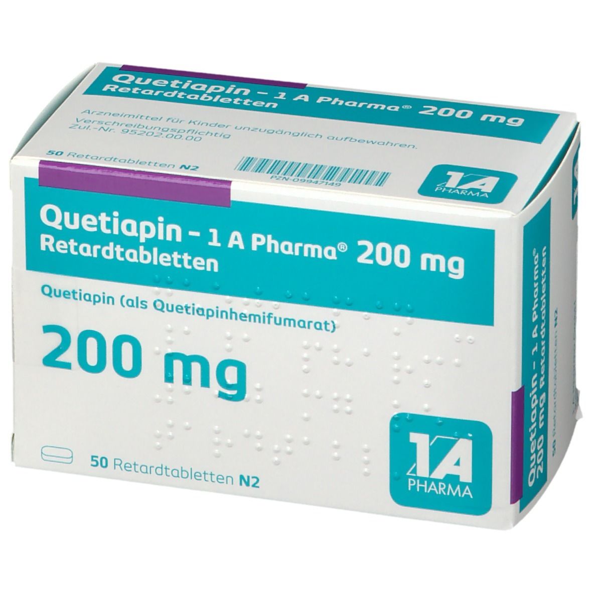 Schachtel QUETIAPIN - 1 A Pharma 200 mg Retardtabletten. Aufschrift: 200 mg, 50 Retardtabletten. Logo 1A Pharma. Perspektivische Ansicht.