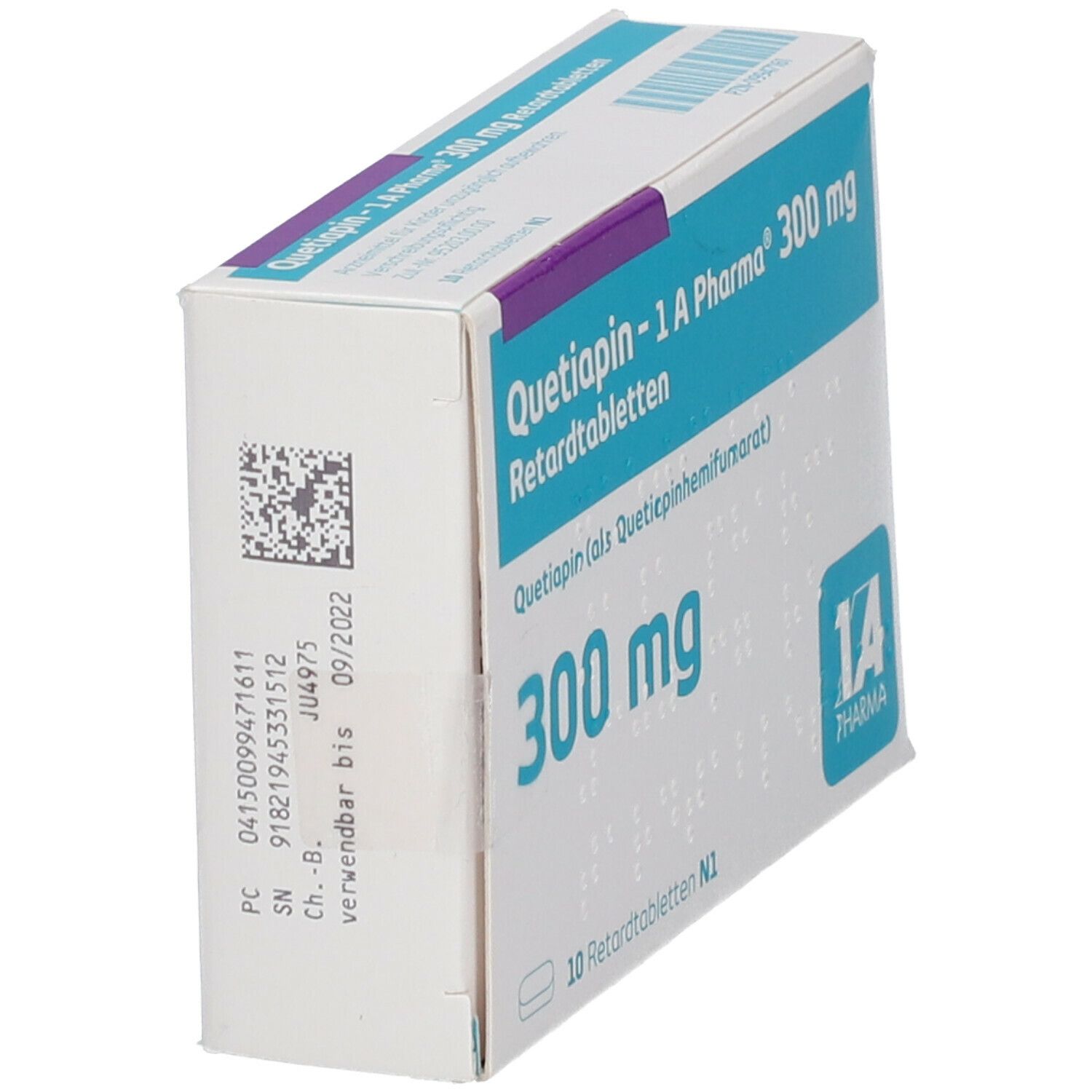 Schachtel Quetiapin-1 A Pharma 300 mg Retardtabletten. Seitenansicht mit Chargennummer und Verfallsdatum. Weiß und blau.