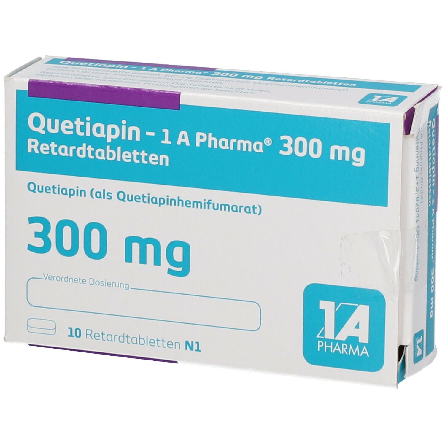 Schachtel Quetiapin-1 A Pharma 300 mg Retardtabletten. Blaue und weiße Verpackung mit Produktinformationen und Logo.