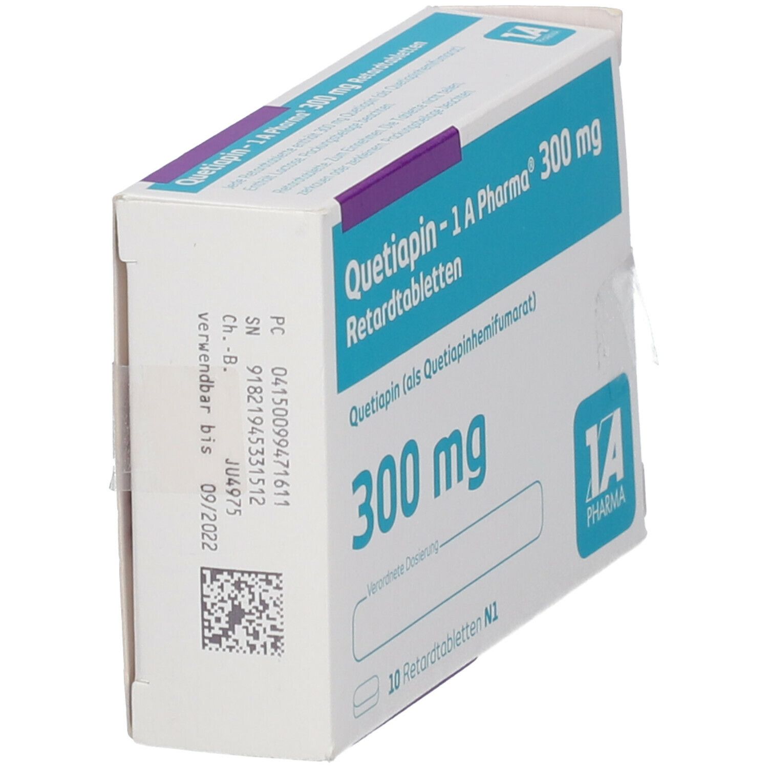 Schachtel Quetiapin-1 A Pharma 300 mg Retardtabletten. Seitenansicht mit Chargennummer und Verfallsdatum. Weiß und blau.