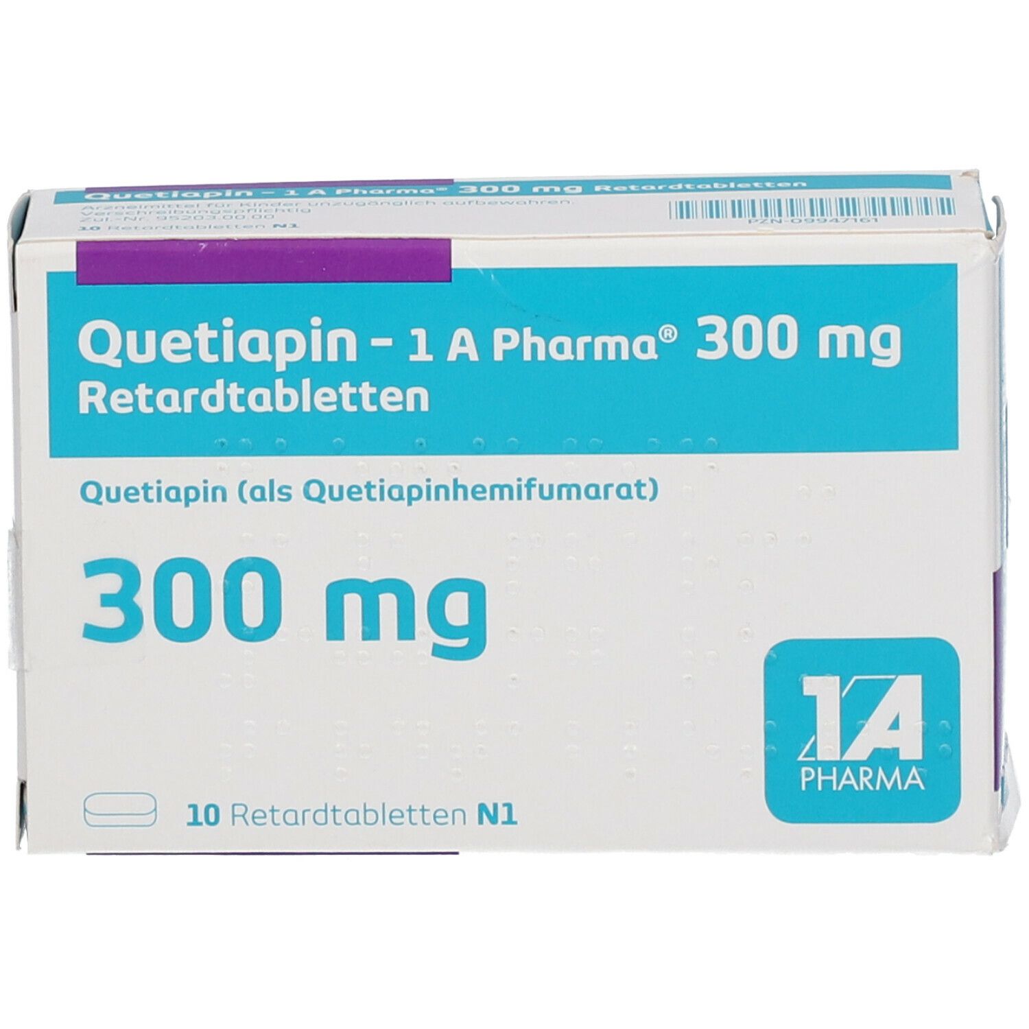 Schachtel Quetiapin-1 A Pharma 300 mg Retardtabletten. Blaue und weiße Verpackung mit Produktinformationen und Logo.
