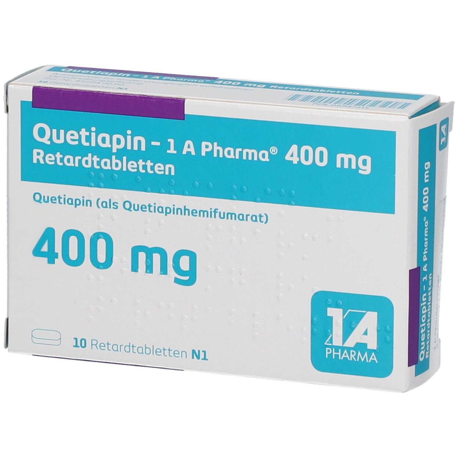 Schachtel mit Tabletten. Aufschrift: Quetiapin - 1 A Pharma 400 mg Retardtabletten. 400 mg. 10 Retardtabletten.
