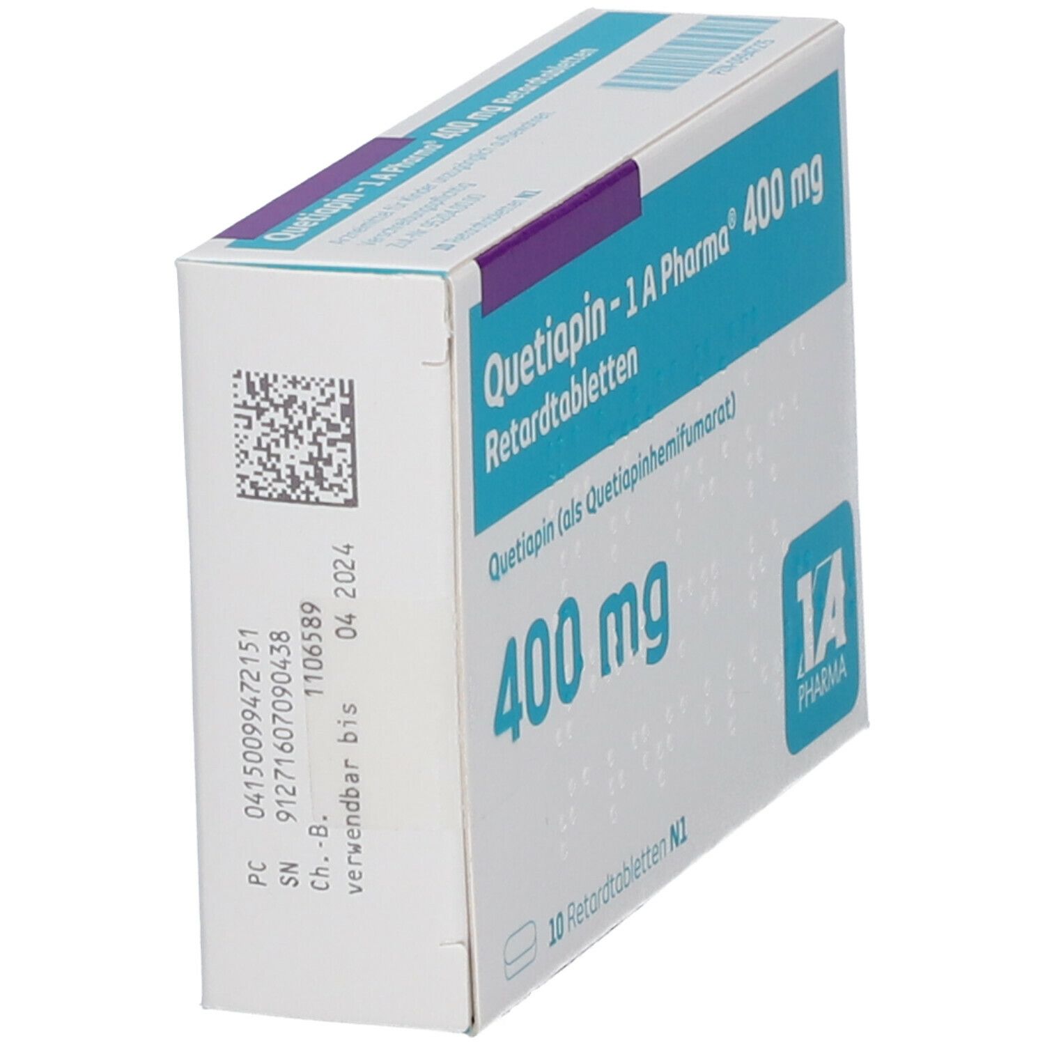 Schachtel mit Tabletten, Seitenansicht. Aufschrift: Quetiapin - 1 A Pharma 400 mg Retardtabletten. 400 mg. Barcode und Verfallsdatum.