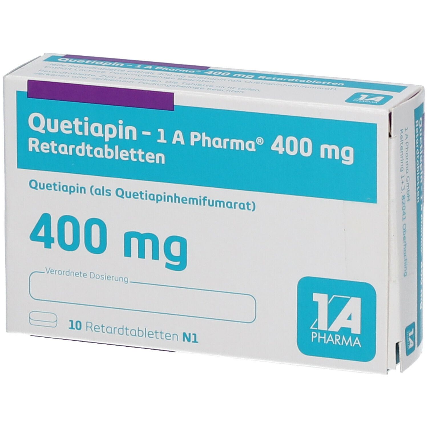 Schachtel mit Tabletten. Aufschrift: Quetiapin - 1 A Pharma 400 mg Retardtabletten. 400 mg. 10 Retardtabletten. Verordnete Dosierung.