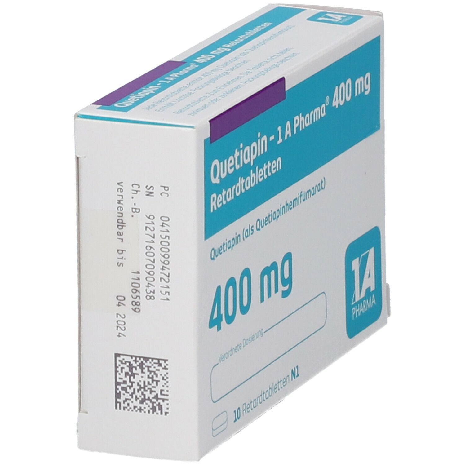 Schachtel mit Tabletten, Seitenansicht. Aufschrift: Quetiapin - 1 A Pharma 400 mg Retardtabletten. 400 mg. Verordnete Dosierung.