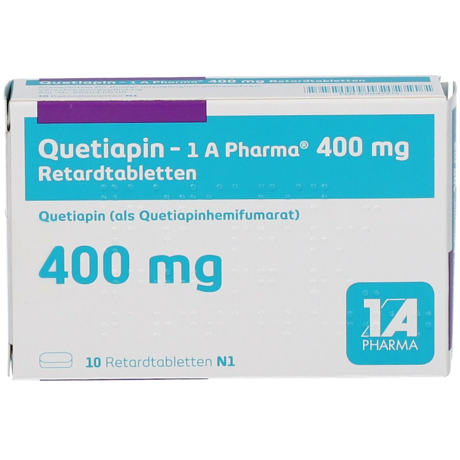 Schachtel mit Tabletten. Aufschrift: Quetiapin - 1 A Pharma 400 mg Retardtabletten. 400 mg. 10 Retardtabletten.