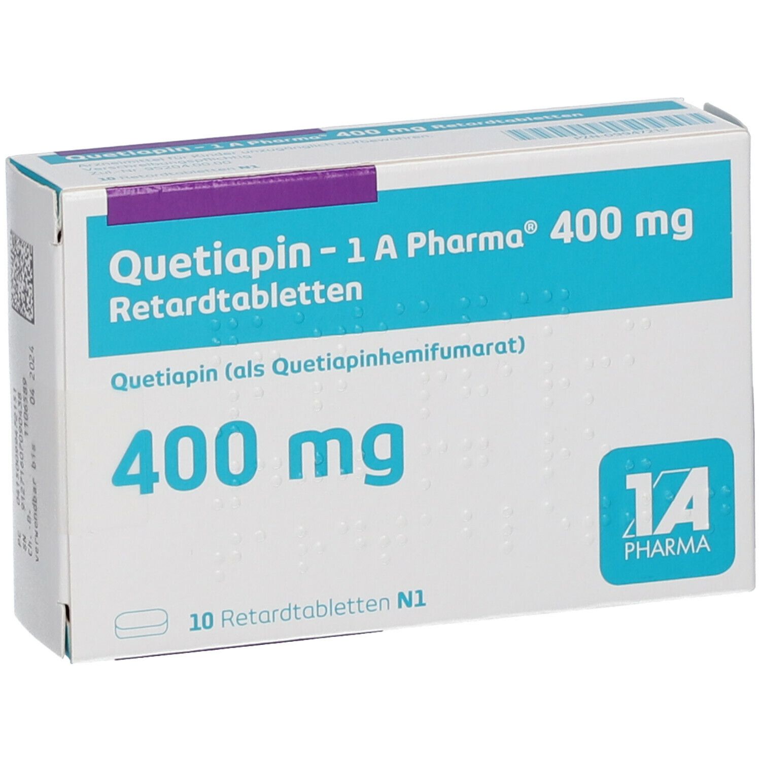 Schachtel mit Tabletten. Aufschrift: Quetiapin - 1 A Pharma 400 mg Retardtabletten. 400 mg. 10 Retardtabletten.
