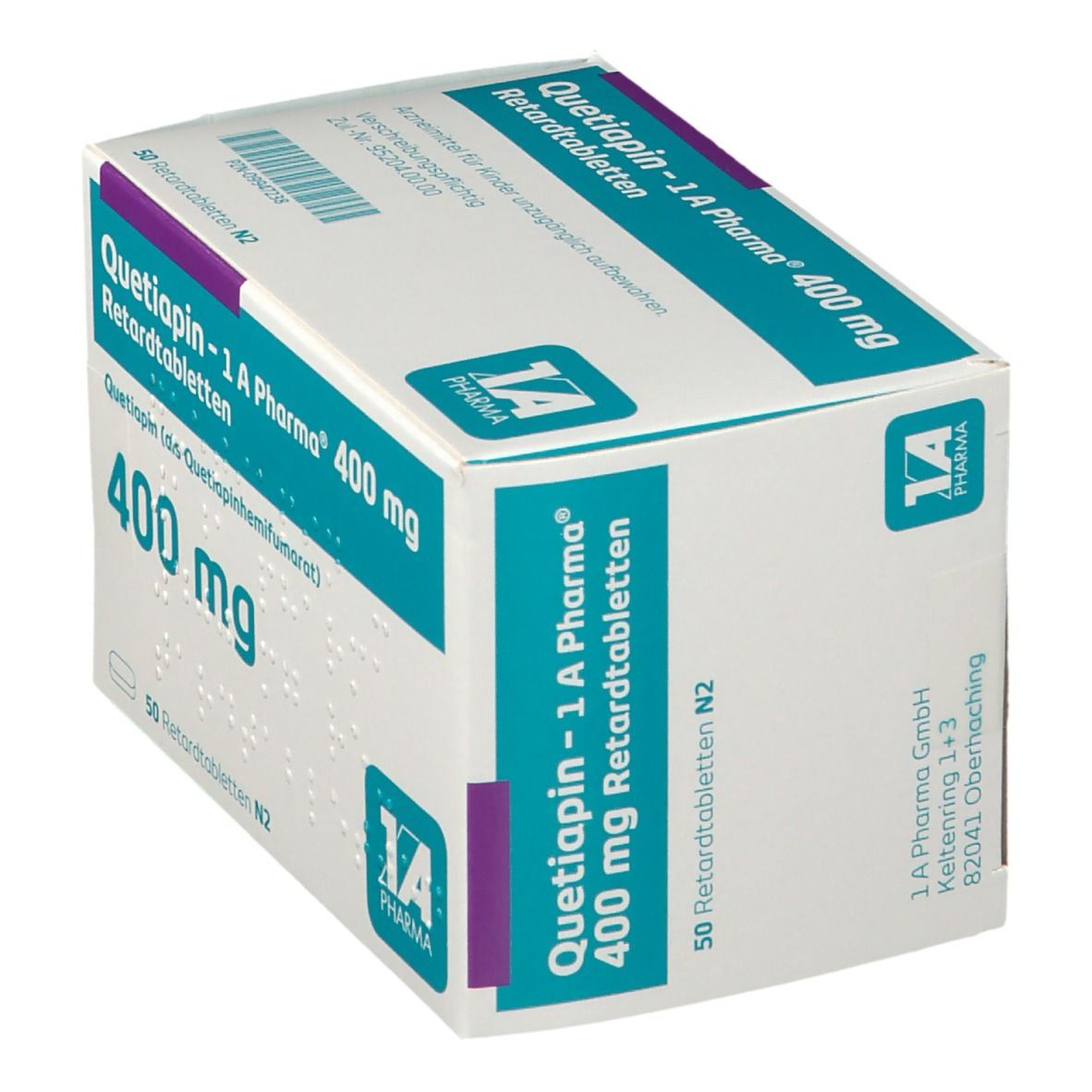 Schachtel QUETIAPIN-1 A Pharma 400 mg Retardtabletten. Perspektivische Ansicht. Weiße Schachtel mit blauer Schrift. 1 A Pharma Logo.