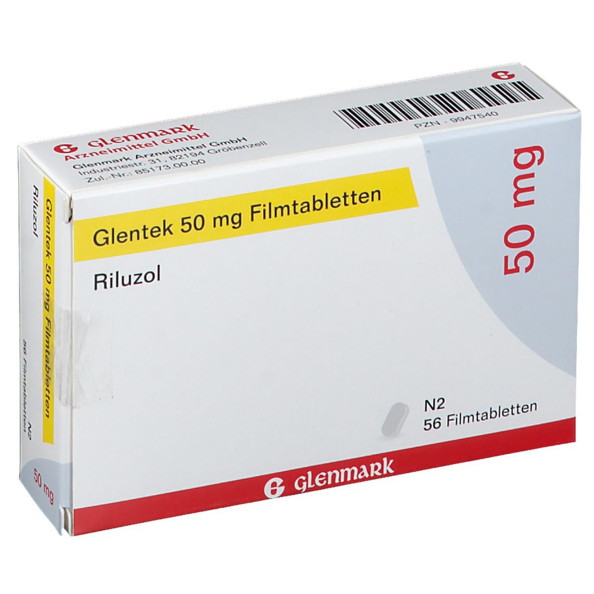 Schachtel mit Glentek 50 mg Filmtabletten. Aufschrift: Riluzol, 50 mg, N2, 56 Filmtabletten. Hersteller: Glenmark.