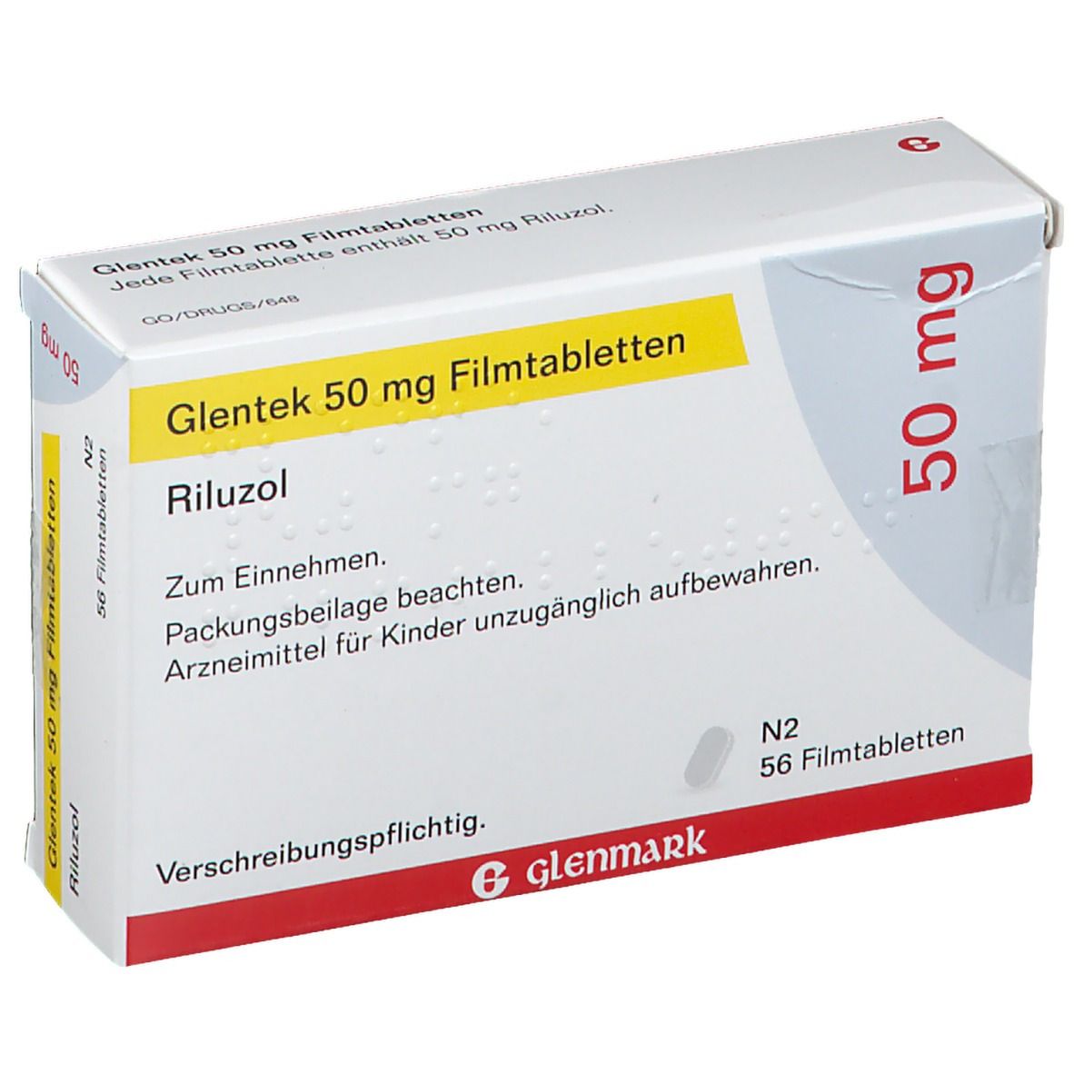 Schachtel mit Glentek 50 mg Filmtabletten. Aufschrift: Riluzol, 50 mg, N2, 56 Filmtabletten. Hersteller: Glenmark. Verschreibungspflichtig.